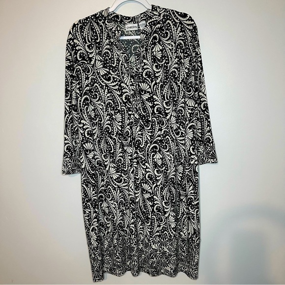 Chico’s‎ Liquid Knit Midi Dress 3/4 Sleeve Scoop Neck Black White Sz 3 XL - Picture 1 of 10